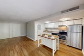 Located at 73 Charles St in Providence, Rhode Island, this efficiently designed unit offers a practical and comfortable single-floor layout. The combined kitchen and living area serves as the heart of the space, featuring warm hardwood-style flooring and neutral gray walls that create a clean, modern aesthetic. A sliding glass door opens to a view of lush, mature trees and a gravel pathway bordered by natural stone — providing a tranquil, nature-connected atmosphere that brings the outdoors in.

The kitchen is well-appointed with white cabinetry, gray countertops, a stainless steel sink, and a full suite of stainless steel appliances including an electric range, dishwasher, and refrigerator. Flush-mounted ceiling lights illuminate the space effectively. The living area is open and versatile, with ample wall space and natural light filtering in from the exterior door.

The bedroom area offers a double closet with white panel doors, continuing the consistent use of hardwood-style flooring and neutral tones throughout. The bathroom is finished with light tile flooring set in a diagonal pattern, a vanity with a gray countertop, and a full tub/shower combination. Textured ceilings are present throughout the unit, adding a classic touch to the overall design.