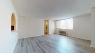 This single-floor unit offers a clean, functional layout with a cohesive design throughout. The spacious living area is a standout feature, characterized by light-toned wood laminate flooring, crisp white walls, and a textured ceiling that adds dimension overhead. A large window allows natural light to flood the room, creating a bright and airy atmosphere, while a wall-mounted HVAC unit ensures year-round comfort. An open passageway connects the living area to the rest of the unit seamlessly.

The kitchen is accessed through a charming arched pass-through window, which also serves as a visual accent between the two spaces. The galley-style kitchen is efficiently laid out, featuring dark slate-toned cabinetry with black hardware, light countertops, and stainless steel appliances including a refrigerator and dishwasher. Light wood flooring continues throughout, maintaining a consistent aesthetic.

The bedroom is a well-proportioned, tranquil space with its own window for natural light, a wall-unit climate control system, and a closet for ample storage. The full bathroom is finished with white ceramic tile flooring, white subway tile surrounding the shower/tub combo, and a clean, minimalist vanity setup. Overall, the unit presents a tidy, move-in ready environment with practical finishes throughout.