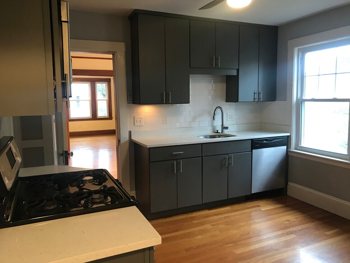 Updated kitchen with dishwasher, gas stove, modern ceiling fan, and window - 9 Coniston Rd