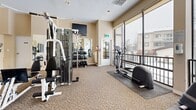 This fitness center offers a comprehensive, single-floor workout facility designed to accommodate a wide range of exercise needs. The space is generously proportioned, with high vaulted ceilings in certain sections that contribute to an open, airy atmosphere. Large floor-to-ceiling windows along one wall flood the room with natural light while providing views of the surrounding outdoor environment, creating an inviting and energizing workout setting.

The facility is outfitted with a diverse selection of equipment, including multiple treadmills, elliptical cross-trainers, a stationary bike, and a multi-station cable weight machine. A dedicated free weights area features a full rack of dumbbells, and various benches and strength training attachments are available throughout the space. The room's layout allows for comfortable circulation between stations.

Warm beige walls and patterned carpeted flooring lend the space a welcoming, residential feel. Strategically placed mirrors — including a large wall mirror and oval accent mirrors with built-in lighting — enhance the sense of space and allow users to monitor their form during workouts. Recessed and accent lighting supplements the abundant natural light. The fitness center is also equipped with a wall-mounted television and safety features including a fire extinguisher and emergency exit signage, ensuring both comfort and security for all users.