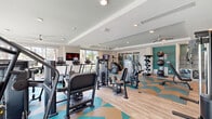 Located at 3270 Sol Way in Kissimmee, Florida, this well-appointed fitness center offers a comprehensive exercise facility across a single, generously sized floor. The space is defined by its striking chevron-patterned flooring in teal, tan, and white, which adds a bold, contemporary aesthetic throughout the main workout area.

The cardio zone is equipped with a full row of treadmills, elliptical trainers, upright bikes, and a stair climber, all positioned alongside large floor-to-ceiling windows that flood the space with natural light and offer outdoor views of the surrounding Florida landscape. Ceiling fans overhead provide added comfort during workouts.

The strength training area features a comprehensive array of cable machines, selectorized weight machines, and a dedicated free weights section with a full dumbbell rack and adjustable benches. Wall-mounted televisions are strategically placed throughout for entertainment.

A separate studio or flex room is finished with plush striped carpet, teal accent walls, decorative octagonal mirrors, a wall-mounted TV, and a ceiling fan — ideal for stretching, yoga, or personal training sessions. Recessed lighting and tray ceiling details are found throughout, lending the entire facility a polished, upscale feel. The overall ambiance is bright, energetic, and thoughtfully designed to support a wide range of fitness activities.