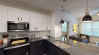 This single-floor residence in Seneca, SC offers a thoughtfully designed layout with modern finishes throughout. The kitchen is a standout feature, showcasing a two-tone cabinet design with crisp white upper cabinetry and dark lower cabinets, granite countertops, a classic subway tile backsplash, stainless steel appliances including a refrigerator, range, and built-in microwave, and a peninsula with a pendant light and undermount sink. Light wood-style flooring runs throughout, complementing the clean, contemporary aesthetic. The open sightline from the kitchen into the living area creates a connected, functional flow.

The living room is bright and welcoming, featuring a window and glass door that provide natural light and access to an outdoor area with views of surrounding greenery. Multiple bedrooms offer comfortable accommodations, each with windows, ceiling fans, and ample closet space. The bathrooms are finished with granite-top dark vanities, wood-style flooring, and include both tub/shower combinations and walk-in closets. Recessed lighting and modern fixtures are found throughout the home.

Overall, this residence presents a clean, modern interior with quality finishes, practical storage solutions, and a layout well-suited for everyday living in Seneca, South Carolina.