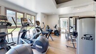 The Shadows Gym in Mountain View, California, is a thoughtfully designed fitness facility that maximizes its compact footprint to deliver a comprehensive workout environment. The space features light hardwood-style flooring throughout, crisp white walls, and recessed lighting complemented by a skylight detail that introduces natural brightness from above. Large windows along multiple walls provide views of the surrounding landscaped grounds, contributing to an open, airy ambiance.

The gym is equipped with a well-rounded selection of cardio machines, including multiple treadmills, ellipticals, a stationary bike, and a cable cross-trainer. A dedicated free weights station features a tiered dumbbell rack alongside a stability ball, supporting a variety of strength and conditioning exercises. A Cybex recumbent bike and additional functional training equipment round out the offering.

Full-length mirrors are strategically positioned along one wall, visually expanding the space while providing practical utility for monitoring exercise form. The clean, minimalist aesthetic keeps the environment focused and functional. A glass-door entry connects the gym to the outdoor area, enhancing ventilation and reinforcing the connection to the surrounding community. Overall, the space offers a polished, well-maintained fitness experience suited to everyday training needs.