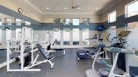 Located at 701 Gibson Dr in Roseville, California, this fitness center is a well-designed, single-floor facility built to support a comprehensive workout experience. The space features soaring ceilings accented by elegant crown molding, recessed lighting, and a ceiling fan that keeps the environment comfortable during exercise. The walls are finished in a distinctive two-tone color scheme of slate blue and warm beige, creating a modern and energizing atmosphere.

Natural light pours in through an expansive bank of large windows lining the walls, offering views of the surrounding greenery and lending the space an open, airy feel. Frosted lower panels on the windows provide privacy while still allowing light to filter through. A wall-mounted television is positioned for easy viewing during cardio sessions.

The equipment selection is thorough and well-maintained, including multiple treadmills, elliptical cross-trainers, a stationary recumbent bike, a cable weight machine, a Maxicam cable system, a free weight bench, and a medicine ball. Full-length mirrors on one wall expand the visual space and allow users to monitor their form. The rubber flooring throughout ensures safety and durability. Double glass doors provide convenient access, and the overall layout offers ample room to move freely between stations.