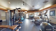 This fitness center is a fully outfitted exercise facility designed to accommodate a wide range of workout styles and fitness goals. The space is laid out across a single floor with a practical, open floor plan that maximizes usability and flow between equipment zones.

The cardio section is well-stocked with treadmills, elliptical trainers, and upright stationary bikes, each paired with individual mounted flat-screen monitors for entertainment during workouts. Natural light filters through multiple windows fitted with blinds, providing a bright and inviting atmosphere alongside recessed and ceiling-mounted lighting.

The strength training area features a variety of cable and weight machines, including multi-station cable systems, leg press and bench press stations, and adjustable benches. A dedicated free weights section houses a full rack of dumbbells in graduated sizes, accompanied by a stability ball and adjustable benches for versatile training options.

Large mirrors line portions of the walls, enhancing the sense of openness and allowing users to monitor their form. The flooring throughout is durable rubber matting, ideal for high-impact use. A textured ceiling with warm wood-tone accent trim adds a finished, welcoming aesthetic. The facility is accessed through a frosted-glass door, offering a sense of privacy and professionalism within the space.