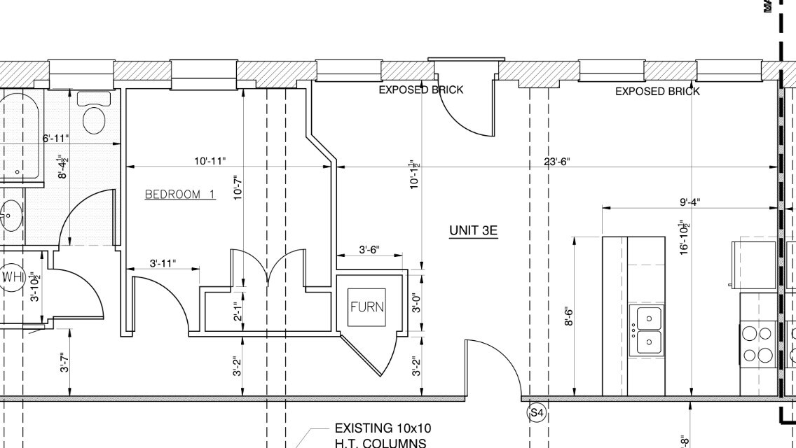 Layout of new unit, bathroom, kitchen - 626 Columbia Ave