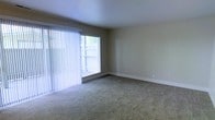 This single-floor space features a open living area finished with wall-to-wall carpeting in a neutral beige tone, providing a clean and understated foundation. The room is bathed in natural light, thanks to a large sliding glass door positioned along one wall and dressed with vertical blinds, offering both privacy and light control. The door provides a direct view of an outdoor area, adding a sense of openness to the interior. The walls are painted in a soft, neutral gray-beige tone that complements the carpeting and contributes to a calm, cohesive atmosphere throughout. White baseboards run along the perimeter of the room, adding a subtle architectural detail that frames the space neatly. The ceiling is smooth and painted white, enhancing the brightness of the room. Electrical outlets are conveniently placed along the walls. Overall, the space presents a simple, move-in-ready environment with a layout well-suited for flexible furniture arrangements, making it adaptable to a variety of living configurations.