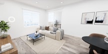 This thoughtfully designed 550-square-foot, single-floor apartment offers 1 bedroom and 1 bathroom with a clean, modern aesthetic throughout. The open layout is unified by light wood-look flooring and bright white walls, creating an airy and cohesive living environment.

The living area is divided into two functional zones. The primary lounge features recessed lighting, a large window with city skyline views, and ample space for comfortable seating. A secondary living area accommodates a wall-mounted flat-screen TV and provides a seamless connection to the bedroom and bathroom, enhancing the unit's efficient flow.

The bedroom, at 100 square feet, is well-appointed with a full-length mirrored sliding closet that amplifies the sense of space. A sizable window allows natural light to fill the room, complementing the neutral, calming palette.

The bathroom maintains the apartment's minimalist character, featuring a floating vanity with under-cabinet storage, a large wall mirror, and a full-size bathtub with a shower curtain enclosure. White tile walls and wood-look flooring continue the cohesive design language.

Overall, this apartment delivers a bright, modern, and efficiently organized living space, ideal for those seeking a streamlined urban lifestyle.