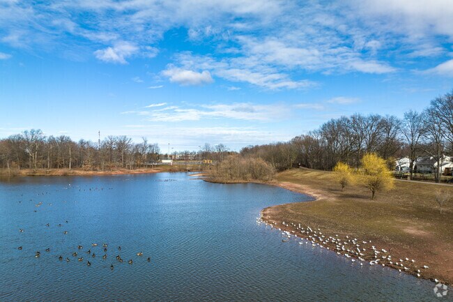 Low aerial view of the lake in Papaianni Park in Edison, NJ.