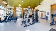 Located at 2020 Winters Eve Dr in Charlotte, NC, this fitness center offers a thoughtfully designed exercise space that combines modern aesthetics with high-end functionality. The single-floor layout is defined by soaring vaulted ceilings that create an airy, open atmosphere, while large floor-to-ceiling windows and glass doors flood the interior with natural light and provide views of the surrounding outdoor amenity areas and community.

The space is organized to accommodate a wide range of workout preferences. The cardio zone features multiple treadmills, stair climbers, stationary bikes — including a Peloton — and rowing machines, all positioned to take advantage of the generous window views. The strength training area is equally well-appointed, with cable machines, a smith machine, a full dumbbell rack, weight benches, and suspension training equipment. Large wall-mounted mirrors extend throughout the space, enhancing the sense of openness.

Architectural details include warm wood-toned accent columns, a striking green-painted ceiling section that adds a bold design element, and a mix of pendant and ceiling fan light fixtures that complement the bright, modern interior. The light-toned flooring ties the entire space together, creating a clean and motivating environment well-suited for daily fitness routines.