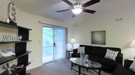 This single-floor space centers around a well-appointed living room designed for both comfort and functionality. The room is finished with wall-to-wall carpeting and painted in neutral tones, creating a clean, versatile backdrop. A ceiling fan with an integrated light fixture is mounted overhead, providing both air circulation and ambient lighting throughout the space.

Natural light is a defining feature of the living room, courtesy of a large sliding glass door dressed with vertical blinds. The door opens directly onto a private balcony, which overlooks lush, mature trees — offering a sense of privacy and a pleasant natural view year-round. The balcony adds an outdoor extension to the living area, ideal for relaxing or enjoying the surrounding greenery.

The living room accommodates a comfortable seating arrangement with ample space for a sofa, accent chairs, and a coffee table. A staircase along one wall suggests additional access points within the building structure. Overall, the space delivers a practical and inviting atmosphere, enhanced by its natural surroundings and thoughtful layout.