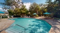 This inviting outdoor amenity space centers around a generously sized swimming pool with crystal-clear blue water, framed by an expansive paver brick deck that provides ample room for relaxation and recreation. The pool is accessible via entry steps with handrails and is enclosed by a classic wrought iron fence, ensuring both safety and an open, airy aesthetic.

Surrounding the pool, the patio is well-appointed with multiple lounge chairs positioned to capture sunlight throughout the day, along with shaded seating areas featuring vibrant teal umbrellas and tables — ideal for outdoor dining or socializing. Thoughtfully placed landscaping beds with tropical shrubs and flowering plants add color and texture to the perimeter.

The natural backdrop is a defining feature of this space. Towering palms, sweeping live oaks draped in Spanish moss, and dense mature canopy trees create a secluded, resort-like atmosphere that feels both private and immersive. The low-rise brick building adjacent to the pool area complements the lush greenery, with large windows and sliding doors providing seamless indoor-outdoor connectivity. Under bright Florida skies, this outdoor space offers a tranquil retreat with a distinctly tropical character.
