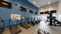 Located at 200 NC-54 E in Carrboro, North Carolina, this modern fitness center is designed to support a full range of workout routines in a spacious, single-floor layout. The facility features soaring ceilings that contribute to an open, airy atmosphere, enhanced by sleek linear lighting that keeps the space bright and motivating throughout.

The cardio zone is anchored by a bold blue accent wall and includes multiple treadmills, ellipticals, and stationary bikes, each positioned in front of wall-mounted flat-screen TVs for an engaging workout experience. A striking hand-drawn mural adds a creative, community-inspired touch to this area.

The strength training section is equally well-appointed, offering cable machine systems, weight benches, a full dumbbell rack, and functional training tools such as a heavy tire for cross-training exercises. Framed by large windows that allow natural light to filter in and provide views of the surrounding greenery, this area also features bold abstract artwork that adds energy and character to the space.

Black-framed glass partition walls divide sections of the facility, lending a contemporary, industrial aesthetic while maintaining visual openness. Durable rubberized flooring throughout ensures safety and comfort during all types of exercise. The overall design blends functionality with a dynamic, modern aesthetic, making this fitness center a comprehensive destination for health and wellness.