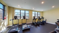 This fitness center in Port Wentworth, Georgia, offers a comprehensive workout environment spread across a single level. The space is defined by warm yellow-toned walls, dark rubber flooring, and recessed lighting that creates a clean, energizing atmosphere throughout.

The cardio area is prominently positioned along a wall of large, black-framed windows that flood the space with natural light and provide views of the surrounding community, including palm trees, a pool area, and neighboring buildings. This section is outfitted with multiple True-brand treadmills and elliptical machines, each equipped with individual display screens for entertainment and performance tracking.

A dedicated strength and functional training area features a multi-station cable machine, a dumbbell rack with a full range of free weights, kettlebells, a flat workout bench, and a stationary bike. Additional functional fitness accessories include stability balls, a BOSU balance trainer, medicine balls, and resistance tools, offering versatility for varied workout routines.

A wall-mounted flat-screen television is positioned in the strength area for added convenience. A water fountain is accessible within the space, and restroom facilities are located nearby. The overall layout is organized and spacious, supporting a well-rounded fitness experience.