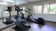 This single-floor fitness room offers a practical and well-appointed space for cardiovascular exercise. The room features hardwood-style flooring throughout, providing a clean and durable surface suited for workout equipment. Multiple cardio machines, including elliptical trainers and a stair climber, are arranged to maximize the available floor space, with protective rubber mats placed beneath each unit. A large wall-to-wall mirror spans one side of the room, visually expanding the space and allowing users to monitor their form during exercise. Natural light enters through multiple windows, lending the room a bright and airy atmosphere while offering views of the surrounding exterior. The light-colored walls complement the natural lighting, contributing to an open and energizing environment. The overall layout is straightforward and functional, designed to support an efficient workout experience without unnecessary clutter.