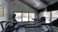 This single-story fitness space offers a focused environment for cardiovascular exercise. The room is defined by its vaulted ceiling clad in dark wood paneling, which adds architectural character and a sense of height to the compact interior. A ceiling fan is mounted at the peak, supporting air circulation during workouts.

The cardio equipment lineup includes treadmills, an elliptical trainer, and an upright stationary bike, all positioned to take advantage of a wide, multi-pane window along the front wall. This window frames a snowy outdoor scene, providing natural light and an open view that helps counteract the enclosed feel of the room. A wall-mounted flat-screen television is installed in the corner, offering entertainment during sessions.

The flooring is dark rubberized gym matting, practical and durable underfoot. The walls are finished in a neutral gray tone that complements the dark ceiling and equipment. The overall ambiance is utilitarian yet thoughtfully designed, combining functional fitness amenities with architectural details that elevate the experience beyond a standard exercise room.