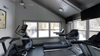 This single-story fitness space offers a focused environment for cardiovascular exercise. The room is defined by its vaulted ceiling clad in dark wood paneling, which adds architectural character and a sense of height to the compact interior. A ceiling fan is mounted at the peak, supporting air circulation during workouts.

The cardio equipment lineup includes treadmills, an elliptical trainer, and an upright stationary bike, all positioned to take advantage of a wide, multi-pane window along the front wall. This window frames a snowy outdoor scene, providing natural light and an open view that helps counteract the enclosed feel of the room. A wall-mounted flat-screen television is installed in the corner, offering entertainment during sessions.

The flooring is dark rubberized gym matting, practical and durable underfoot. The walls are finished in a neutral gray tone that complements the dark ceiling and equipment. The overall ambiance is utilitarian yet thoughtfully designed, combining functional fitness amenities with architectural details that elevate the experience beyond a standard exercise room.