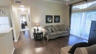 The living area serves as the central gathering space of this single-story home, designed with a clean, welcoming aesthetic. Rich, dark hardwood-style flooring runs throughout, providing a warm contrast to the neutral beige walls. A plush, rolled-arm sofa anchors the room, styled with patterned throw pillows that add visual interest. A round dark wood side table with a decorative lamp and small floral arrangement sits adjacent to the sofa, adding a refined touch.

Two framed circular wall art pieces are displayed prominently above the sofa, contributing to the room's cohesive décor. A large window dressed with vertical blinds allows natural light to fill the space, creating a bright and airy atmosphere. Crown molding along the upper walls adds an architectural detail that elevates the overall finish of the room.

A hallway visible from the living area leads further into the home, offering a glimpse of additional rooms beyond, suggesting a well-connected and functional single-floor layout. The space balances comfort and style with its coordinated furnishings and thoughtful design elements.
