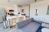 This 660-square-foot, third-floor apartment at 212 S Fourth Ave in Ann Arbor, Michigan offers a well-appointed 2-bedroom, 1-bathroom layout across a single floor. The open-concept living and kitchen area features wood-look flooring, a ceiling fan, and a modern kitchen with white cabinetry, stainless steel appliances, a white quartz island with bar seating, and a wall-mounted mini-split HVAC unit. The primary bedroom spans 110 square feet and is distinguished by a bold blue accent wall, a ceiling fan, and its own mini-split unit for individualized climate control. The second bedroom features the same clean white walls and ceiling fan configuration. Both rooms are serviced by a sleek, all-white bathroom with marble-style tile flooring, a glass-enclosed shower, a floating vanity with quartz countertop, and a backlit vanity mirror. A spacious walk-in closet with built-in wood shelving and hanging rods provides ample storage. The unit's consistent use of light tones, modern fixtures, and wood-look flooring throughout creates a cohesive, contemporary aesthetic well-suited for Ann Arbor's dynamic urban environment.