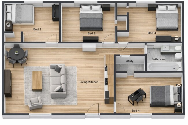 4 BR 1 BA Floor Plan - Residences on College Hill