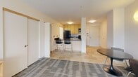 Located at 115 S Quarry St in Ithaca, NY, this one-bedroom, one-bathroom unit offers a thoughtfully designed open-plan layout that maximizes every inch of its compact footprint. The living and kitchen areas share a seamlessly connected space, anchored by neutral-toned tile flooring that adds a clean, modern feel. The kitchen is efficiently outfitted with light wood cabinetry, dark granite-style countertops, a black refrigerator, electric range, and microwave, complemented by a breakfast bar with seating for two. A small dining area with a round table sits adjacent, offering a dedicated space for meals. A structural column adds architectural character while subtly defining the transition between the kitchen and the main living area. Patterned carpet flows into the generously sized bedroom, which features a large window framing natural wooded views, filling the room with soft natural light. The bedroom also accommodates a full-size bed, a desk workspace, and a wooden dresser with shelving. The bathroom includes tile flooring, a wood-toned vanity with a dark countertop, a large mirror, and grab bars, combining functionality with a clean aesthetic. This well-organized unit provides practical, comfortable living in the heart of Ithaca.