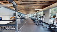 Located at 1225 Willowbrook Dr SE in Huntsville, Alabama, this single-floor fitness center offers a generously sized, open workout environment designed to accommodate a wide range of exercise needs. The space is defined by its striking exposed wood-slat ceiling, which adds a warm, industrial-chic aesthetic, complemented by exposed ductwork and pendant lighting that illuminates the floor below.

The facility is divided into distinct workout zones. Along one side, a long row of cardio equipment — including treadmills, stationary bikes, ellipticals, and stair climbers — lines the large windows that face the outdoors, providing natural light and pleasant exterior views during workouts. On the opposite end, a dedicated strength training area houses power racks, cable machines, a full dumbbell rack, kettlebells, battle ropes, a punching bag, and various selectorized weight machines. Wall-mounted TVs are positioned throughout for entertainment.

A separate, open floor zone with rubber flooring provides space for functional training and stretching, stocked with medicine balls, stability balls, and adjustable benches. Glass-panel doors connect the gym to an adjacent area, adding a sense of openness. The light gray walls, rubber flooring throughout, and abundant natural light from large windows give the space a clean, modern, and energizing atmosphere.