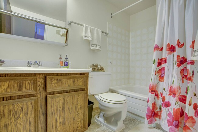 A bathroom with shower, tub, and a mirror above the sink - Carlton Park