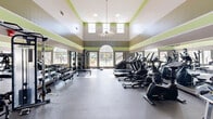 Located at 5903 Highdale Cir in Alexandria, VA, this fitness center offers a well-appointed, single-floor layout designed to accommodate a comprehensive range of workout routines. The space is divided into two distinct areas: a large main workout floor and a separate functional training room, accessible through glass-paneled sliding doors.

The main workout area impresses with dramatically high ceilings that create an open, airy atmosphere. Walls are finished in a bold combination of gray and green horizontal banding, adding a vibrant, energetic character to the space. Large arched and rectangular windows line the walls, flooding the floor with natural light and providing views of the surrounding outdoors. Full-length mirrors along the walls further enhance the sense of spaciousness. The durable rubber flooring supports a full lineup of cardio equipment — including ellipticals, stationary bikes, and treadmills — as well as an extensive free weight section with dumbbells, benches, and cable machines. A ceiling fan provides additional air circulation throughout the main floor.

The secondary room, visible through glass doors, is dedicated to functional and group fitness training. It houses medicine balls, TRX suspension trainers, a punching bag, and stability equipment, along with a water fountain. Together, these two spaces form a comprehensive, well-lit fitness facility suited for varied training needs.