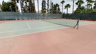 This outdoor recreational facility offers two well-maintained sports courts designed for active use and community engagement. The basketball court features a regulation backboard and hoop, with clearly marked court lines on a terracotta-toned hard surface. Padded pole guards provide added safety, and the court is fully enclosed by a tall chain-link fence with mesh windscreen panels, ensuring both security and reduced wind interference during play. A gated entry allows easy access to the court area.

Adjacent to the basketball court is a full-sized tennis court, surfaced in a classic combination of green and terracotta hard court material with crisp white boundary lines and a centered net in place. The court's enclosure mirrors the same chain-link and mesh fencing design, maintaining a cohesive and polished appearance throughout the facility.

Both courts are set against a lush backdrop of tall, mature palm trees that lend the space a tropical, resort-inspired character. The surrounding greenery provides a degree of natural shade and visual privacy. The overall environment is open-air, benefiting from natural light and outdoor ambiance, making this facility an inviting destination for tennis players, basketball enthusiasts, and recreational users alike.