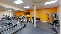 This fitness center at 401 Brady St in Davenport, Iowa, offers a dedicated, single-floor exercise room designed to support a comprehensive workout experience. The space features a drop ceiling with recessed panel lighting that provides bright, even illumination throughout. The interior design is characterized by a vibrant orange accent wall that energizes the space, complemented by neutral cream-toned walls and durable rubber flooring ideal for high-traffic athletic use. Structural columns are integrated thoughtfully into the layout without impeding usability.

The cardio zone is well-appointed with multiple treadmills and elliptical machines from recognized brands, all positioned in front of a large wall-mounted mirror that enhances the sense of space and allows users to monitor their form. A wall-mounted flat-screen television is conveniently placed for entertainment during workouts. The strength-training area includes a multi-function cable machine, a dumbbell rack with a full range of free weights, and an adjustable weight bench, providing a variety of resistance training options. A stability ball rounds out the equipment offerings. Two entry doors provide easy access to the room, contributing to a practical and well-organized layout suited for a shared fitness facility.