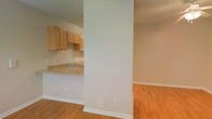 This single-floor residence offers a clean, open-concept layout designed for comfortable everyday living. The kitchen is outfitted with light natural wood cabinetry that provides ample storage, complemented by a countertop that wraps around to form a convenient breakfast bar or pass-through, seamlessly connecting the kitchen to the adjacent living area. A stainless steel sink is positioned beneath upper cabinetry, keeping the workspace both practical and organized. The neutral, warm-toned walls create a bright and welcoming atmosphere throughout the space, enhanced by the consistent warm hardwood-style flooring that runs across both the kitchen and living areas, lending a sense of continuity and spaciousness. A structural column subtly defines the boundary between the kitchen and the open living space without fully enclosing either area, preserving the airy, connected feel of the floor plan. White baseboards offer a crisp, clean contrast against the flooring and walls. The overall design is understated and versatile, providing a neutral canvas well-suited to a variety of interior styles and furnishing preferences. The single-floor layout ensures ease of movement and accessibility throughout the entire space.