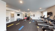 The Flats At 345 fitness center is a thoughtfully designed, single-floor workout facility that provides residents with a comprehensive range of exercise options. The space features a clean, modern aesthetic with white walls, recessed lighting, and dark patterned carpet accented by colorful rectangular inlays in pink, yellow, and blue that add visual energy to the floor.

The cardio section is well-appointed with multiple TRUE-brand treadmills, elliptical trainers, and a stationary bike, all positioned along a windowed wall that allows natural light to fill the space. Wall-mounted flat-screen televisions are positioned throughout, offering entertainment during workouts.

The strength and free-weight area includes a full rack of dumbbells, weight benches, a rowing machine, and stability balls of various sizes. A large wall mirror expands the sense of space and allows users to monitor their form. A cable machine rounds out the strength training options.

An open stretch and functional training zone provides ample floor space for mat work, resistance band training, and bodyweight exercises, with yoga mats available for use. A water fountain station is conveniently located along one wall, and a wall-mounted hand sanitizer dispenser supports cleanliness throughout the facility. The overall atmosphere is bright, organized, and purpose-built to support a wide variety of fitness routines.