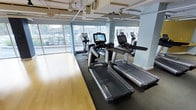 This fitness center offers a bright and functional workout environment designed to support a range of cardio-focused exercise routines. The space is anchored by a row of modern treadmills and elliptical machines, each equipped with individual digital display screens, allowing users to track performance metrics or enjoy entertainment during their workout. Large floor-to-ceiling windows line one side of the room, flooding the interior with natural light and offering views of the surrounding outdoor greenery, creating an open and energizing atmosphere. The flooring transitions between a warm hardwood section and dark rubber matting beneath the cardio equipment, providing both aesthetic appeal and practical durability. An exposed ceiling with industrial-style ductwork and track lighting adds a contemporary, utilitarian character to the space. Mirrors are strategically positioned along the walls, enhancing the sense of depth and spaciousness throughout the room. The overall layout is clean and well-organized, with sufficient space between machines to ensure comfortable movement. The combination of natural light, modern equipment, and thoughtful design makes this a well-appointed facility suited for daily fitness use.