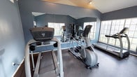 This single-story fitness room offers a well-equipped space designed for cardio-focused workouts. The room features vaulted ceilings that lend a sense of openness, while deep blue-gray walls create a focused and energizing atmosphere. Large mirrors span the front wall, visually expanding the space and allowing users to monitor their form during exercise. Multiple windows along the walls invite abundant natural light, providing views of surrounding greenery and enhancing the overall workout environment. The flooring consists of durable rubber matting, practical for supporting heavy equipment and high-impact activity. The room is outfitted with key cardio machines, including treadmills and elliptical trainers, positioned to make efficient use of the available floor space. The combination of mirrored walls, vaulted ceilings, and natural light gives the room an airy, motivating feel despite its intimate scale. Overall, the space is thoughtfully arranged to deliver a functional and comfortable fitness experience.