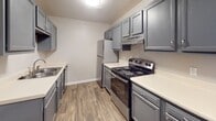 Located at 913 Tadpole Cir in Spartanburg, South Carolina, this single-story home offers a practical and well-organized floor plan designed for comfortable everyday living. The galley-style kitchen is equipped with stainless steel appliances, including an electric range and refrigerator, complemented by gray cabinetry, light countertops, and wood-look vinyl flooring that extends through the main living areas. The open layout connects the entryway and living spaces seamlessly, with neutral-toned walls and clean white trim throughout that create a bright, cohesive aesthetic. The bedrooms are finished with plush carpeting and feature ample wall space, with at least one room offering a window with blinds for natural light. Closet storage is accessible via louvered and panel-style doors visible along the hallway. The bathroom is well-appointed with wood-look flooring, a gray vanity with a large mirror and overhead lighting, a full-size soaking tub and shower combo, and clean white fixtures. The home's neutral color palette and consistent finishes provide a move-in-ready environment suitable for a variety of living arrangements.