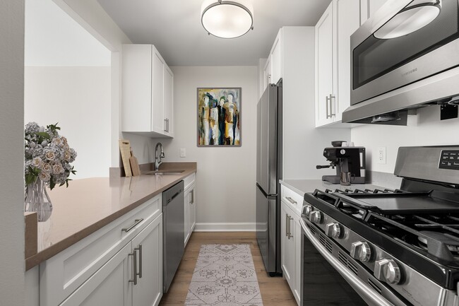 Sleek and modern kitchen with stainless steel appliances, stone countertops, six burner gas range, elegant white cabinetry, and stylish artwork, offering a perfect blend of functionality and design at Parkside Place, apartments in Cambridge, MA - Parkside Place