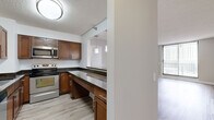 Located at 30 S Dunton Ave in Arlington Heights, IL, this well-appointed 2-bedroom, 2-bathroom residence offers a thoughtfully designed single-floor layout. Light hardwood-style flooring runs throughout the space, complementing the neutral wall tones and creating a clean, cohesive aesthetic.

The kitchen is a standout feature, equipped with rich walnut-toned cabinetry, dark granite countertops, and stainless steel appliances including an electric range and built-in microwave. A pass-through counter connects the kitchen to a dedicated dining area, where pendant lighting adds a modern touch. Rail lighting above the kitchen provides additional task illumination.

The living room is bright and open, benefiting from a large window that invites natural light and frames outdoor views. The generously sized primary bedroom offers ample space and its own window, while the second bedroom provides a comfortable, versatile area suited for guests or a home office.

Both bathrooms are finished with matching warm wood vanities and dark granite countertops, maintaining a consistent design language across the home. A dedicated closet adds practical storage. Textured ceilings and clean white trim complete the interior details, giving the residence a tidy, move-in-ready character throughout.