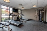 Located at 1119 E 65th St in Kansas City, Missouri, this dedicated fitness center offers a well-equipped, single-floor workout space designed to support a comprehensive exercise routine. The room features a drop-panel ceiling with pendant-style lighting fixtures that provide consistent illumination throughout, complemented by large windows along one wall that invite natural light and offer views of the surrounding outdoor greenery.

The flooring consists of durable rubber fitness tiles, providing both cushioning and traction suitable for a variety of workout activities. The cardio section is well-stocked, featuring multiple treadmills, an elliptical trainer, and a rowing machine, all arranged to maximize usable floor space. A full multi-station cable machine anchors one end of the room, supporting a wide range of strength and resistance training exercises, including TRX suspension straps for functional training.

A dedicated free weights area includes a tiered dumbbell rack with a broad selection of weights, accommodating users at various fitness levels. A flat-screen television is mounted on the wall, adding an entertainment option during workouts. The neutral-toned walls and open layout contribute to a clean, functional ambiance. A private entrance door provides convenient access, making this fitness center a practical and self-contained facility for residents or building occupants.