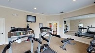 Located at 103 Melville Loop in Chapel Hill, NC, this single-floor fitness center offers a well-appointed workout environment designed to support a variety of exercise routines. The space is finished with warm neutral walls, crown molding, and carpeted flooring throughout, creating a clean and polished atmosphere.

The main exercise area is equipped with multiple Landice treadmills and an elliptical machine, all positioned to take advantage of natural light streaming through several large windows fitted with horizontal blinds. A wall-mounted flat-screen television provides entertainment during workouts, while a dedicated mirror wall enhances the sense of space and allows users to monitor their form. Medicine balls are neatly racked along the wall, and a weight bench adds to the functional training options available.

Elegant white French doors with glass panes connect the fitness room to an adjacent space, providing both visual openness and easy access between areas. Recessed lighting overhead ensures the space remains well-lit at all times. An exterior door with a glass panel offers direct outdoor access, contributing to the room's bright and airy feel. The overall design balances functionality with a refined aesthetic, making this fitness center a practical and inviting amenity.