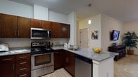 This single-floor residence offers a thoughtfully designed open-concept layout that seamlessly connects the kitchen, dining, and living areas. The kitchen is outfitted with rich dark-walnut cabinetry, granite countertops, and a full suite of stainless steel appliances, including a refrigerator, electric range with overhead microwave, and dishwasher. A peninsula with bar seating and a pendant light above adds both function and style, while light wood-look flooring ties the space together. Crown molding adds a refined architectural touch throughout.

The living area features plush carpeting, a bold teal accent wall, and sliding glass doors that open to a private balcony, allowing natural light to fill the room. A dedicated dining space flows naturally off the living room, completing the open-plan design.

The bedroom is a serene retreat with soft carpet, large windows that invite natural light, and ample space for a full furniture arrangement. The bathroom is clean and functional, featuring a full tub-shower combination with a curved curtain rod, granite-topped vanity with dark cabinetry, and tile flooring. Together, these spaces create a cohesive, modern living environment with stylish details and practical amenities throughout.