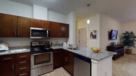 This single-floor residence offers a thoughtfully designed open-concept layout that seamlessly connects the kitchen, dining, and living areas. The kitchen is outfitted with rich dark-walnut cabinetry, granite countertops, and a full suite of stainless steel appliances, including a refrigerator, electric range with overhead microwave, and dishwasher. A peninsula with bar seating and a pendant light above adds both function and style, while light wood-look flooring ties the space together. Crown molding adds a refined architectural touch throughout.

The living area features plush carpeting, a bold teal accent wall, and sliding glass doors that open to a private balcony, allowing natural light to fill the room. A dedicated dining space flows naturally off the living room, completing the open-plan design.

The bedroom is a serene retreat with soft carpet, large windows that invite natural light, and ample space for a full furniture arrangement. The bathroom is clean and functional, featuring a full tub-shower combination with a curved curtain rod, granite-topped vanity with dark cabinetry, and tile flooring. Together, these spaces create a cohesive, modern living environment with stylish details and practical amenities throughout.