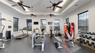 Located in Gonzales, Louisiana, this dedicated fitness facility offers a comprehensive workout environment designed for both cardio and strength training. The space is defined by its elegant architectural details, including tray ceilings adorned with skylights that flood the room with natural light, complemented by crown molding and crisp white walls that create a clean, energizing atmosphere.

Multiple ceiling fans are strategically positioned throughout, ensuring comfortable airflow during workouts. A generous arrangement of multi-pane windows lines the walls, providing outdoor views and further enhancing the bright, open feel of the space.

The exercise room is well-appointed with a diverse selection of fitness equipment, including treadmills, an elliptical machine, a stationary bike, cable and weight machines, adjustable benches, and a full dumbbell rack. A large wall-mounted mirror expands the sense of space and supports proper form during training. Two wall-mounted televisions offer entertainment options during cardio sessions.

Durable rubber flooring covers the main workout area, transitioning to a lighter surface along the perimeter. A glass partition wall and French-style entry doors add refined architectural character. A vending machine provides added convenience for users. The overall ambiance is polished yet functional, making this fitness center a well-rounded facility suited for a variety of exercise routines.