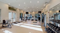 This fitness center is designed to accommodate a full range of workout routines within a spacious, single-floor layout. The facility features light-toned flooring and neutral walls, creating a clean and open atmosphere throughout. Recessed lighting is evenly distributed across the ceiling, ensuring consistent illumination across all areas of the gym.

Large arched windows line the perimeter, flooding the space with natural light and offering views of the surrounding greenery. Glass entry doors provide additional brightness and a welcoming entry point. Wall-mounted flat-screen televisions are positioned at key locations for convenience during workouts.

The cardio zone is well-appointed with stationary bikes, elliptical trainers, and treadmills, while a dedicated strength training area houses a comprehensive selection of free weights, including a full dumbbell rack, barbells, and weight plates. Cable machines and multi-function strength systems are available for resistance training. Functional training equipment, including battle ropes and a power rack, rounds out the offerings.

Floor-to-ceiling mirrors are strategically placed to enhance the sense of space and support proper form during exercise. A separate anteroom provides additional utility space. The overall ambiance is bright, modern, and professional, making this a fully featured facility suited for a wide variety of fitness goals.
