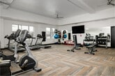 This fitness center offers a comprehensive workout environment designed to accommodate a wide range of exercise routines. The space is generously sized, providing ample room for multiple users to train simultaneously without feeling crowded. Underfoot, a distinctive herringbone-patterned carpet tile in neutral tones of gray and tan adds a polished, modern aesthetic throughout.

The layout is thoughtfully organized into distinct zones. The cardio area features a row of treadmills and elliptical trainers positioned near windows that allow natural light to fill the space, creating an open and energizing atmosphere. Ceiling fans overhead contribute to air circulation and comfort during workouts.

A dedicated strength training section houses a multi-station cable machine, adjustable weight benches, and a full rack of dumbbells and kettlebells ranging across multiple weights. Recumbent and upright stationary bikes by Matrix provide additional low-impact cardio options. Large wall-mounted mirrors in multiple areas allow users to monitor their form.

The fitness center also includes stability balls, medicine balls, and other functional training accessories, along with a mounted flat-screen television. Recessed lighting brightens the space evenly, while tray ceiling details and clean white walls contribute to the overall bright, professional ambiance.