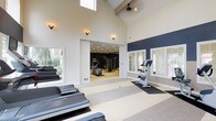 This single-floor fitness center is thoughtfully designed to provide a comprehensive workout experience in an airy, welcoming environment. The space is defined by its striking vaulted ceilings that rise dramatically overhead, creating a sense of openness and volume rarely found in a gym setting. Large white-framed windows along the walls flood the interior with natural light, while wall-mounted sconce lighting adds a warm, polished ambiance throughout.

The layout is divided into two distinct functional zones connected by an open passageway. The primary area houses cardio equipment, including treadmills and an upright stationary bike, positioned on protective floor mats atop a light-toned striped floor. A ceiling fan overhead ensures comfortable airflow during workouts.

Through the wide opening, a secondary strength-training room features darker, more focused décor with a deep navy accent wall, recessed ceiling lighting, and a selection of cable and resistance machines. The contrast between the bright, open cardio space and the more intimate, purpose-driven strength room gives the facility a dynamic and versatile character.

Together, the two areas form a cohesive, well-appointed fitness facility that balances architectural elegance with practical functionality, making it an inviting space for a full range of exercise activities.