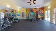 This single-level fitness center offers a comprehensive workout environment distinguished by its bold, colorful wall mural depicting an athletic figure in motion — a striking focal point that energizes the space. The room is divided into distinct functional zones, accommodating both strength training and cardio exercise. Strength equipment includes cable machines, a multi-function weight station, and a flat bench, while the cardio section features an elliptical, stationary bike, and treadmill. TRX suspension trainers are mounted for functional training, and a well-stocked rack holds medicine balls, stability balls, and rolled exercise mats for flexibility and accessory work. Wall-mounted televisions provide entertainment during workouts. The flooring throughout is durable rubber matting, well-suited for heavy equipment use. Vaulted ceilings with ceiling fans promote air circulation, and the warm yellow-green wall palette creates an upbeat atmosphere. Full-length mirrors along one wall visually expand the space. Large glass doors and windows along one side allow abundant natural light and provide direct views of an outdoor pool area, connecting the interior to the exterior amenity space.