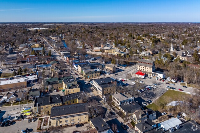 An aerial view of downtown Cedarburg,