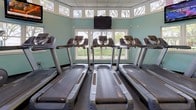This fitness center is a comprehensive, single-floor facility designed to support a full range of workout routines. The space is organized into distinct functional zones, each thoughtfully appointed with quality equipment. The entry area welcomes members with a reception desk, a bank of navy blue storage lockers, tiled flooring, and a bench — providing a clean and organized transition into the workout space. Walls throughout are painted in a calming aqua/teal with yellow accents in the entry, contributing to an energizing yet approachable atmosphere.

The cardio zone features a generous row of Precor elliptical trainers and a dedicated treadmill room lined with windows along two walls, allowing abundant natural light and outdoor views of surrounding greenery. A wall-mounted television enhances the cardio experience. The ceiling throughout features a drop-tile grid with recessed and flush-mounted lighting panels.

The free weights area is equipped with a comprehensive rack of dumbbells spanning a wide weight range, flat and adjustable benches, and a large wall mirror that amplifies the sense of space. An additional strength training zone houses cable machines, a multi-function power rack with a bench press, and plate-loaded equipment, all set on durable rubber flooring. Together, these areas provide a complete and well-maintained fitness environment.