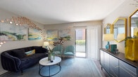 This single-floor residence showcases a thoughtfully designed layout that balances comfort and contemporary style throughout. The living area serves as the centerpiece of the home, featuring a plush navy sofa, teal accent chairs, and a marble-top coffee table set atop a blue area rug. Colorful abstract artwork and decorative copper disc wall arrangements add artistic character to the neutral-toned walls, while a sliding glass door fills the room with natural light and provides direct access to an outdoor patio. The galley-style kitchen is efficiently organized with rich dark wood cabinetry, granite countertops, and black stainless appliances including a refrigerator, electric range, microwave, and dishwasher, all set above durable hardwood-style flooring. The primary bedroom is a serene retreat, highlighted by a tall upholstered headboard, a ceiling fan, and a walk-in closet, complemented by warm accent lighting and decorative wall art. A secondary bedroom offers ample natural light through large windows with blinds, a ceiling fan, and hardwood-style flooring. The bathroom features a full-size soaking tub and shower combination with clean white surrounds and stylish geometric-patterned curtain accents. Throughout the residence, a cohesive teal and neutral color palette creates a warm, inviting ambiance.