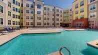 Located at 630 Cotanche St in Greenville, North Carolina, this outdoor amenity space is the centerpiece of a multi-story residential community. The courtyard is enclosed by multi-story buildings featuring a mix of taupe horizontal lap siding, brick accents, and large multi-pane windows that provide an attractive architectural backdrop to the outdoor environment.

The highlight of the space is a generously sized resort-style swimming pool with clear, blue water, framed by an expansive concrete sun deck. A row of blue lounge chairs lines the deck, offering ample space for relaxation in the open air. A pergola structure near the pool adds a shaded gathering area, enhancing the recreational appeal of the space.

Controlled access to the courtyard is provided through a secure, gated entry featuring wrought iron-style fencing and glass panel doors, ensuring a private and safe environment. Raised landscaped planters with mulched beds and seasonal greenery are positioned along the building perimeters, softening the hardscape and adding natural texture throughout. Floor-to-ceiling glass walls on portions of the building exterior allow interior amenity spaces to look out directly onto the pool area. Perimeter walkways connect all areas of the courtyard, providing convenient and accessible circulation throughout this well-maintained outdoor amenity space.